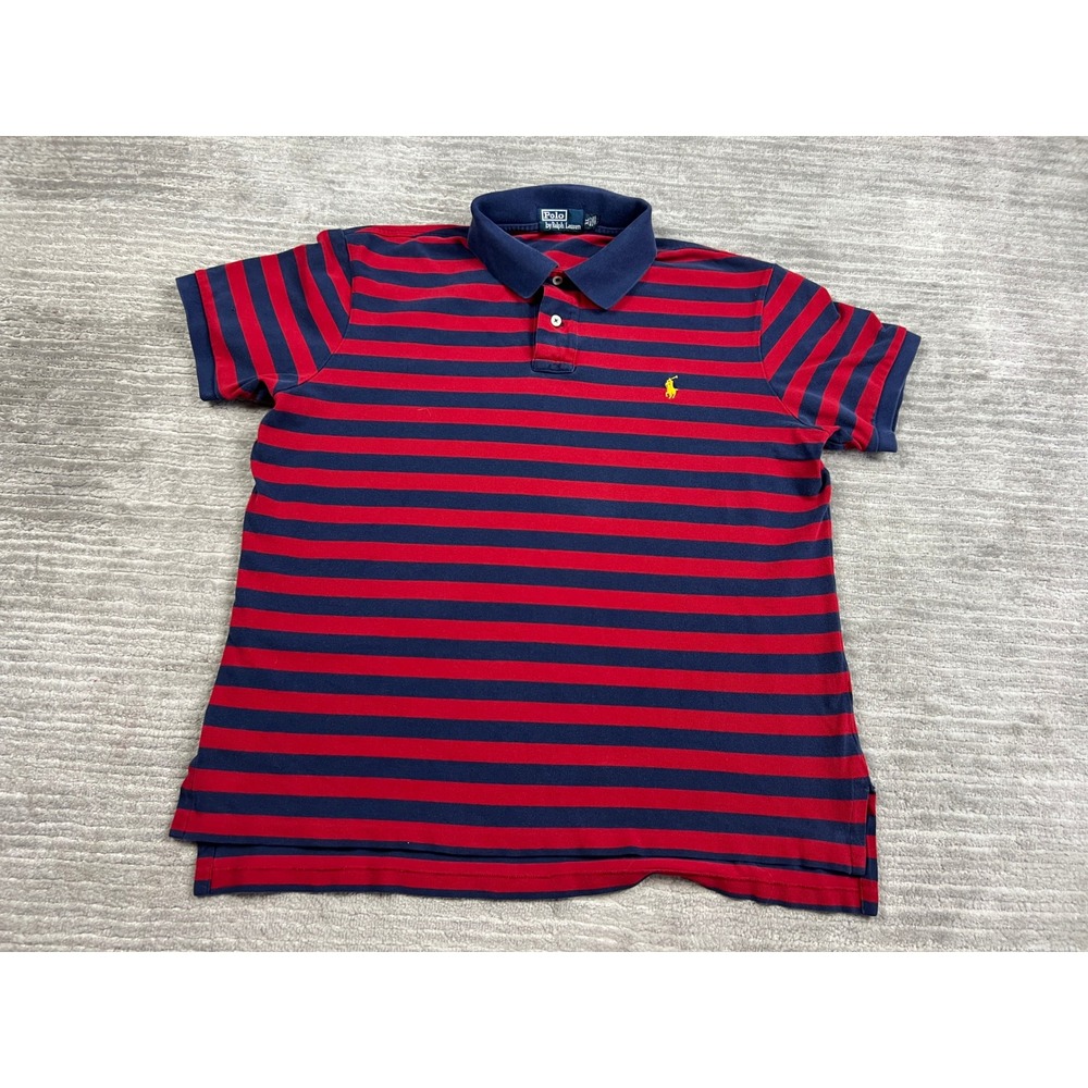 Polo Ralph Lauren Polo Shirt Mens XL Red Navy Blue Striped Pique Short Sleeve